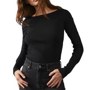 Free People Black Daisy Chain Cuff Ribbed Fitted Long Sleeve Top Size S